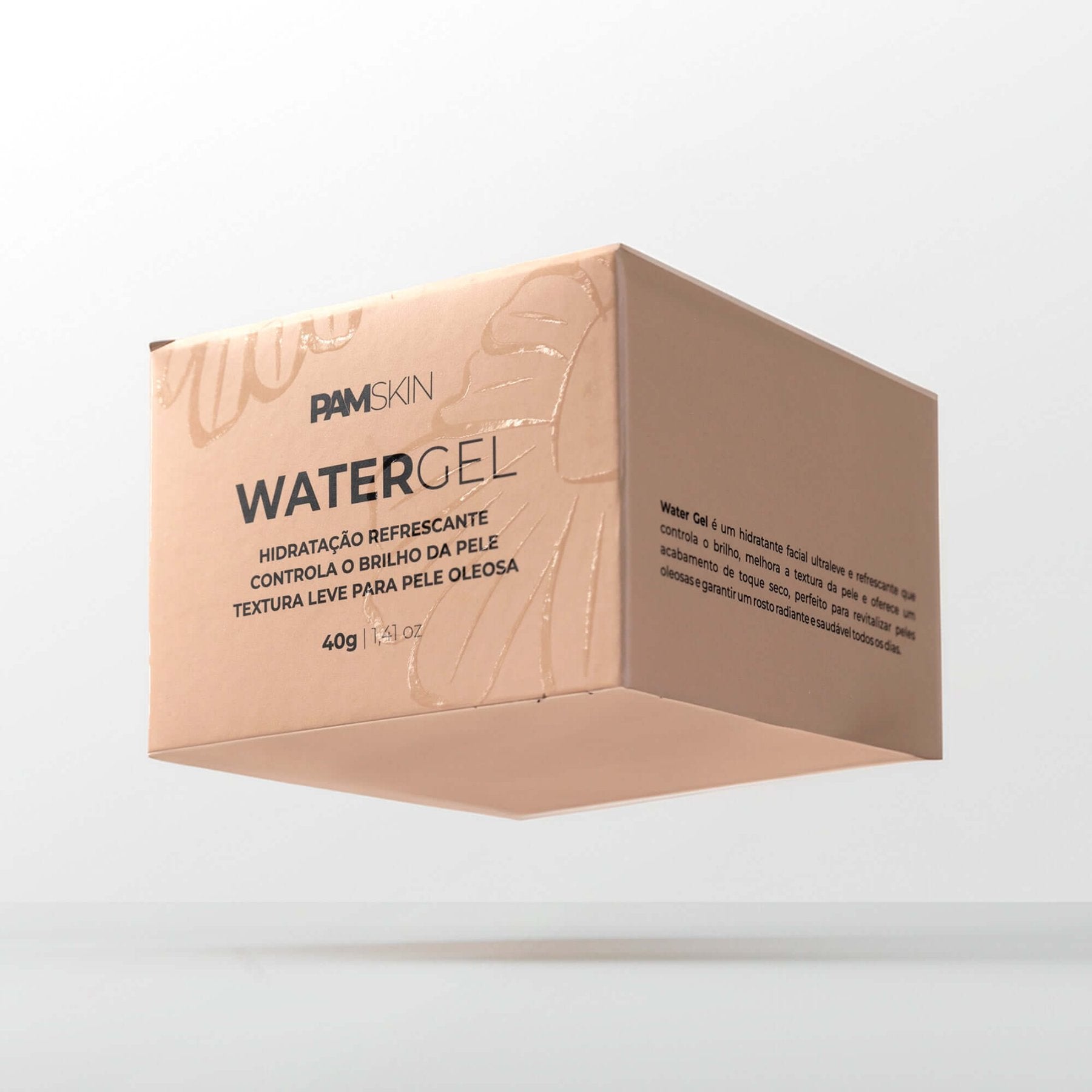 Embalagem do hidratante facial Water Gel da PAM Skin, com fórmula leve e refrescante, ideal para peles oleosas. Controle de brilho e hidratação.
